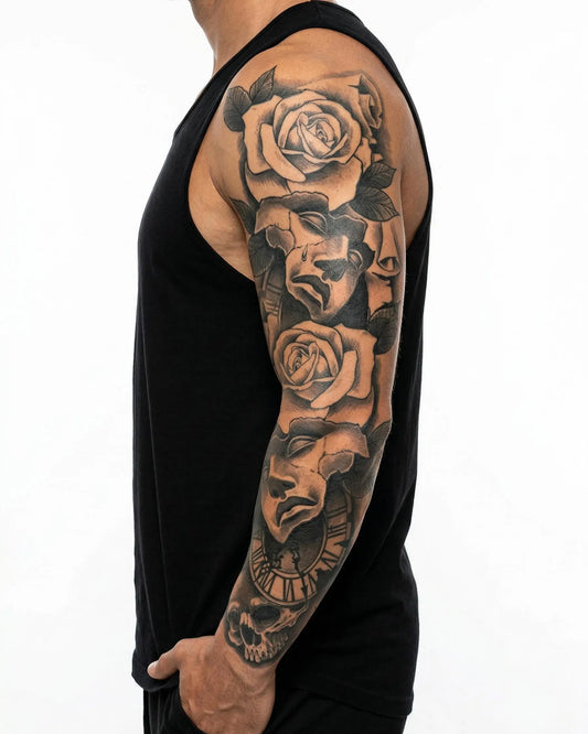 INKON Máscaras de Teatro, Rosas y Calavera tatuaje semi-permanente aplicado en un hombre – diseño de 8 x 20 in (20x50cm), apariencia de tinta realista, dura 10 días