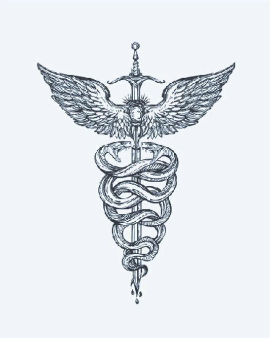 Tatuaje semi-permanente Caduceo Serpientes y Espada diseño de INKON – ilustración de elaborado, serpientes, entrelazado, alado, espada, 3 x 4 in (7x10cm), disponible en inkon.co