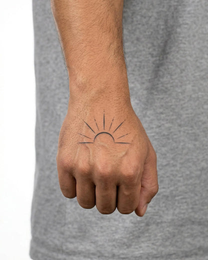 INKON Sol Naciente tatuaje semi-permanente aplicado en un hombre – diseño de 2 x 2 in (5x5cm), apariencia de tinta realista, dura 10 días