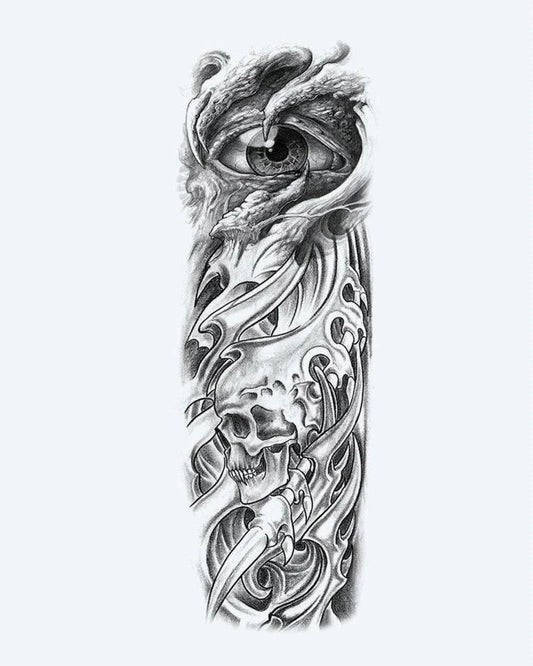 Tatuaje semi-permanente Ojo de Dragón y Calavera diseño de INKON – ilustración de dramático, completo, manga, atravesando, dragón, 8 x 20 in (20x50cm), disponible en inkon.co