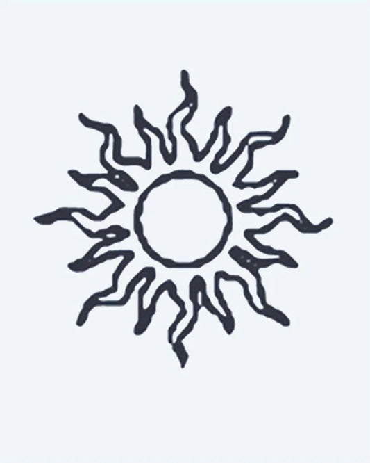 Tatuaje semi-permanente Sol diseño de INKON – ilustración de ondulado, orgánico, rayos, irradiando, circular, 2 x 2 in (5x5cm), disponible en inkon.co