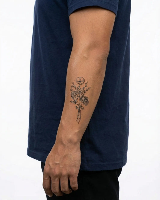 INKON Ramo de Flores Silvestres tatuaje semi-permanente aplicado en un hombre – diseño de 3 x 4 in (6x11cm), apariencia de tinta realista, dura 10 días