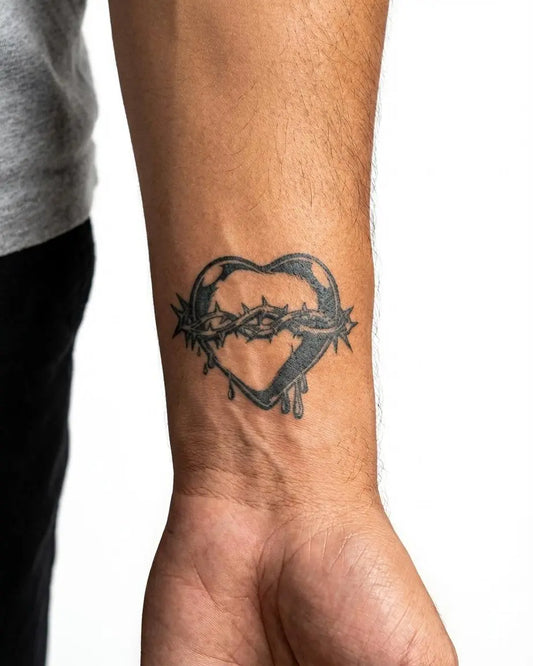 INKON Sagrado Corazón con Espinas tatuaje semi-permanente aplicado en un hombre – diseño de 2 x 2 in (5x5cm), apariencia de tinta realista, dura 10 días