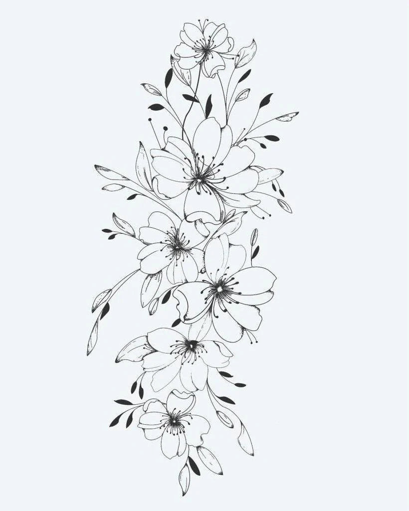 Tatuaje semi-permanente Cascada de Flores de Cerezo diseño de INKON – ilustración de delicado, vertical, cascada, cerezo, flor, 4 x 7 in (10x17cm), disponible en inkon.co