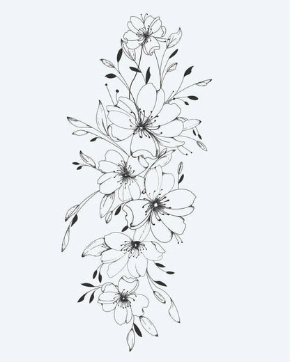 Tatuaje semi-permanente Cascada de Flores de Cerezo diseño de INKON – ilustración de delicado, vertical, cascada, cerezo, flor, 4 x 7 in (10x17cm), disponible en inkon.co