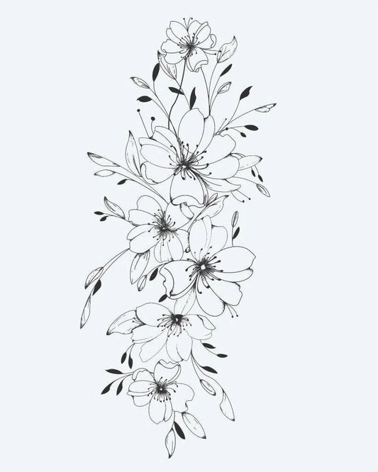 Tatuaje semi-permanente Cascada de Flores de Cerezo diseño de INKON – ilustración de delicado, vertical, cascada, cerezo, flor, 4 x 7 in (10x17cm), disponible en inkon.co