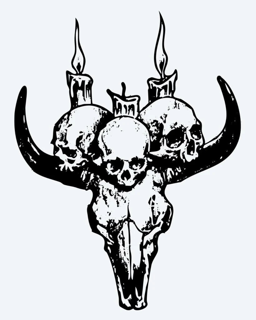 Tatuaje semi-permanente Calavera de Toro y Velas diseño de INKON – ilustración de ritual, toro, calavera, coronado, humano, 4 x 4 in (9x9cm), disponible en inkon.co