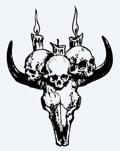 Tatuaje semi-permanente Calavera de Toro y Velas diseño de INKON – ilustración de ritual, toro, calavera, coronado, humano, 4 x 4 in (9x9cm), disponible en inkon.co