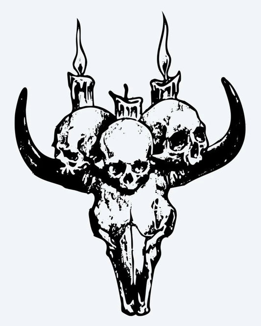 Tatuaje semi-permanente Calavera de Toro y Velas diseño de INKON – ilustración de ritual, toro, calavera, coronado, humano, 4 x 4 in (9x9cm), disponible en inkon.co