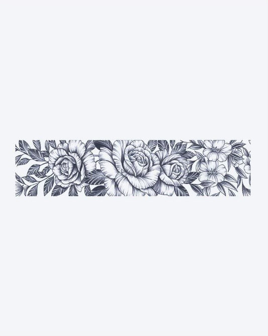 Tatuaje semi-permanente Brazalete Jardín de Rosas diseño de INKON – ilustración de frondoso, horizontal, brazalete, floreciendo, rosas, 2 x 9 in (5x23cm), disponible en inkon.co