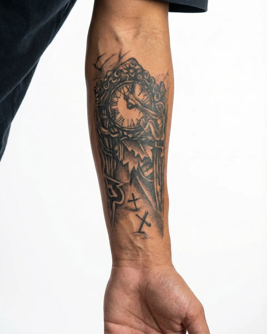 INKON Torre del Reloj Gótica tatuaje semi-permanente aplicado en un hombre – diseño de 4 x 7 in (10x17cm), apariencia de tinta realista, dura 10 días