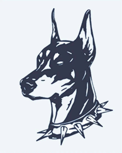 Tatuaje semi-permanente Retrato de Doberman diseño de INKON – ilustración de dóberman, cabeza, retrato, con púas, cuello, 2 x 2 in (5x5cm), disponible en inkon.co