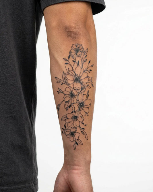 INKON Cascada de Flores de Cerezo tatuaje semi-permanente aplicado en un hombre – diseño de 4 x 7 in (10x17cm), apariencia de tinta realista, dura 10 días