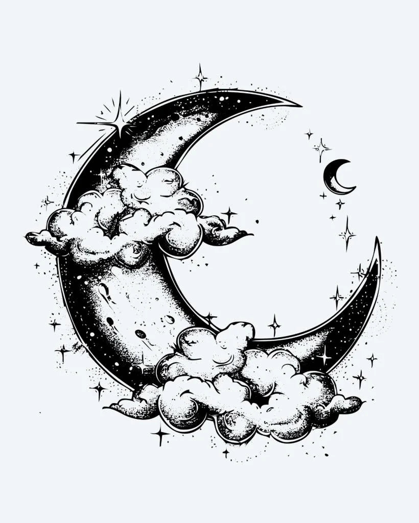Tatuaje semi-permanente Luna Creciente y Nubes diseño de INKON – ilustración de onírico, luna creciente, luna, acunado, suave, 4 x 4 in (9x9cm), disponible en inkon.co