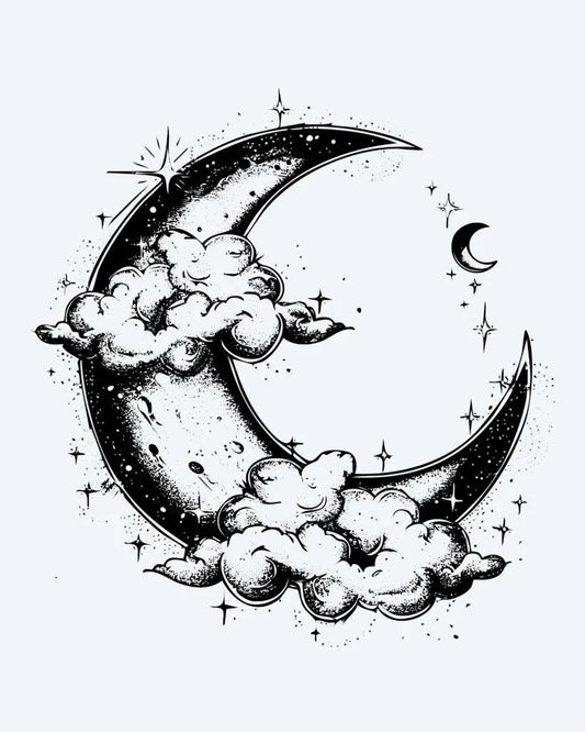 Tatuaje semi-permanente Luna Creciente y Nubes diseño de INKON – ilustración de onírico, luna creciente, luna, acunado, suave, 4 x 4 in (9x9cm), disponible en inkon.co