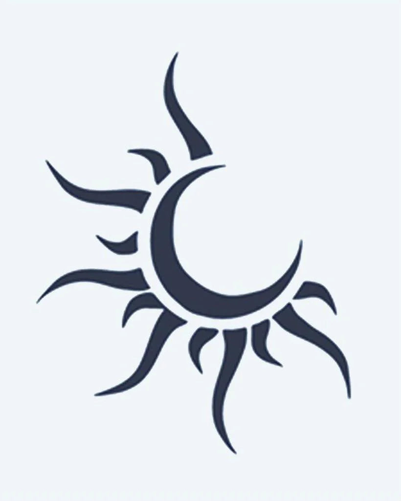 Tatuaje semi-permanente Sol y Luna diseño de INKON – ilustración de luna creciente, luna, acurrucado, dentro, rayos, 2 x 2 in (5x5cm), disponible en inkon.co