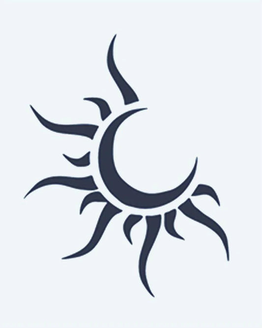 Tatuaje semi-permanente Sol y Luna diseño de INKON – ilustración de luna creciente, luna, acurrucado, dentro, rayos, 2 x 2 in (5x5cm), disponible en inkon.co