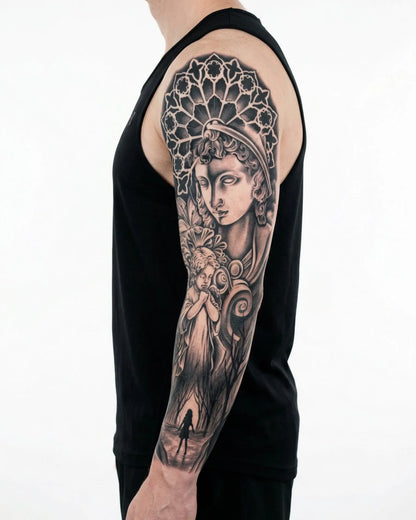 INKON Ángel Guardián y Catedral tatuaje semi-permanente aplicado en un hombre – diseño de 8 x 20 in (20x50cm), apariencia de tinta realista, dura 10 días