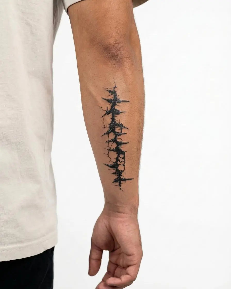 INKON Cicatriz de Alambre de Púas tatuaje semi-permanente aplicado en un hombre – diseño de 4 x 7 in (10x17cm), apariencia de tinta realista, dura 10 días