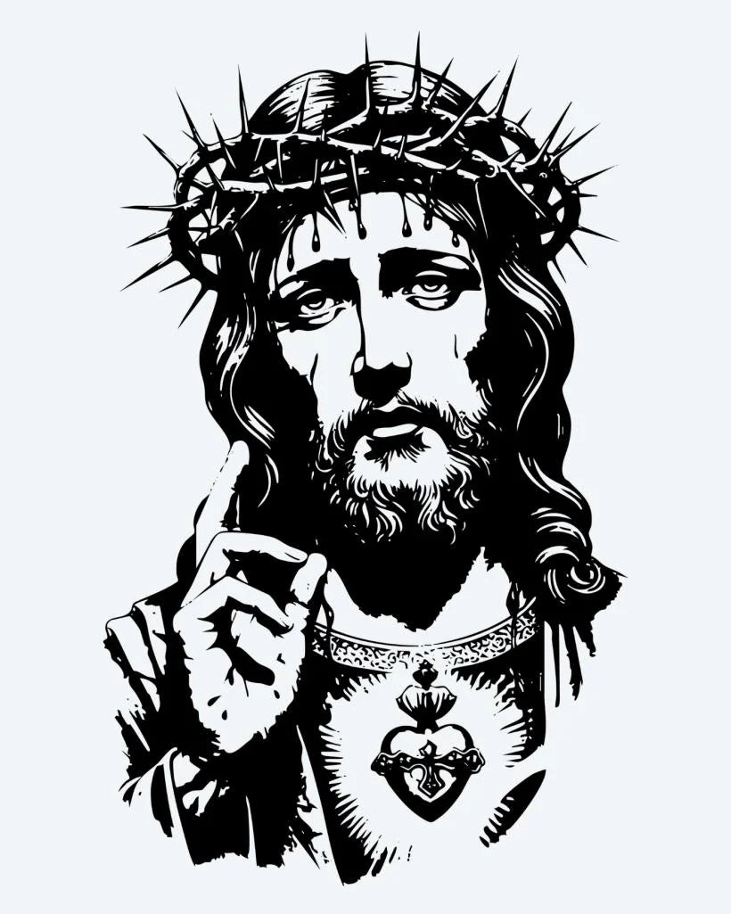 Tatuaje semi-permanente Cristo con Corona de Espinas diseño de INKON – ilustración de retrato, jesús, usando, corona, espinas, 4 x 7 in (10x17cm), disponible en inkon.co