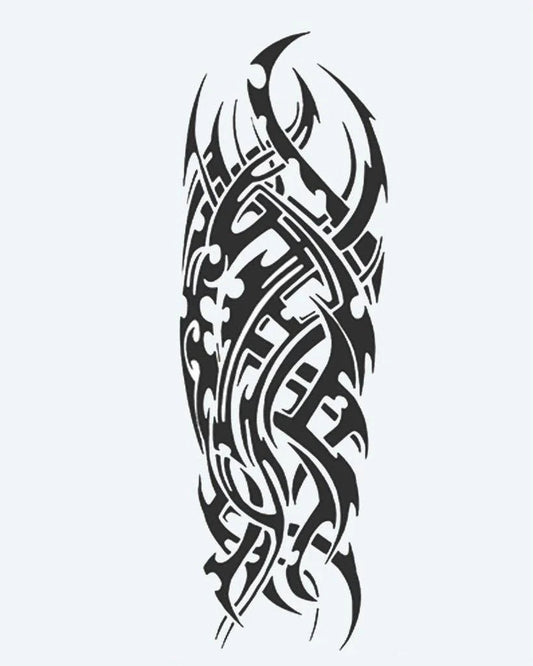 Tatuaje semi-permanente Cyber Tribal diseño de INKON – ilustración de dinámico, completo, manga, arrollador, tribal, 8 x 20 in (20x50cm), disponible en inkon.co