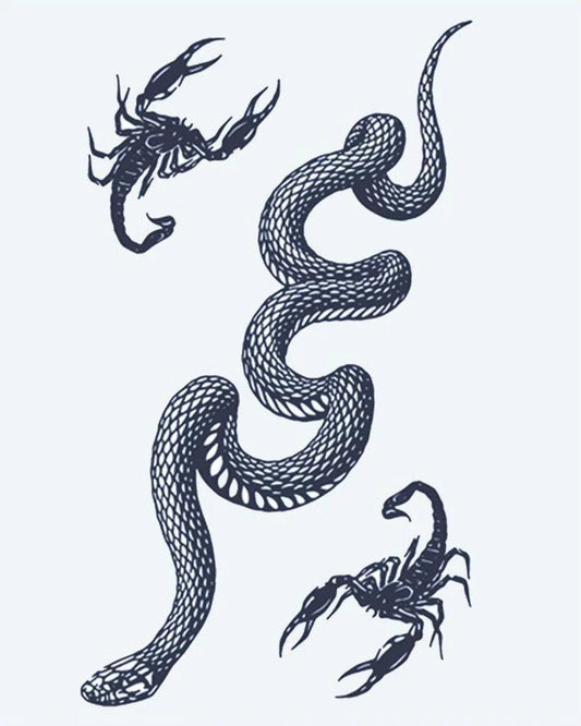 Tatuaje semi-permanente Serpiente y Escorpiones diseño de INKON – ilustración de enroscándose, serpiente, escorpiones, ilustrativo, versátil, 4 x 7 in (10x17cm), disponible en inkon.co