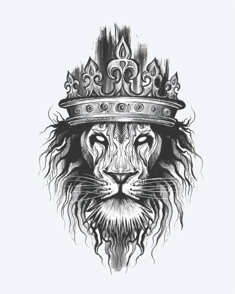 Tatuaje semi-permanente León Coronado diseño de INKON – ilustración de majestuoso, león, cabeza, usando, ornamentado, 4 x 7 in (10x17cm), disponible en inkon.co