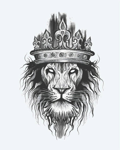 Tatuaje semi-permanente León Coronado diseño de INKON – ilustración de majestuoso, león, cabeza, usando, ornamentado, 4 x 7 in (10x17cm), disponible en inkon.co