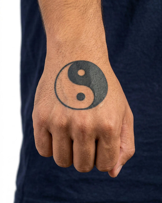INKON Yin Yang tatuaje semi-permanente aplicado en un hombre – diseño de 2 x 2 in (5x5cm), apariencia de tinta realista, dura 10 días