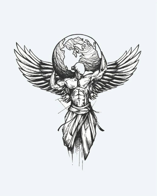 Tatuaje semi-permanente Atlas Alado diseño de INKON – ilustración de alado, figura, sosteniendo, globo, ilustrativo, 4 x 8 in (11x21cm), disponible en inkon.co