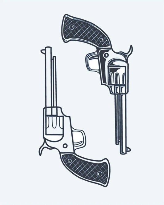 Tatuaje semi-permanente Dos Revólveres diseño de INKON – ilustración de par, vintage, revólveres, frente a, opuesto, 4 x 7 in (10x17cm), disponible en inkon.co