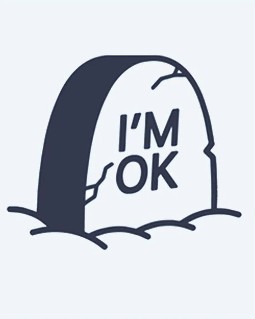 Tatuaje semi-permanente Lápida I'm OK diseño de INKON – ilustración de humorístico, agrietado, tumba, inscripción, oscuramente, 2 x 2 in (5x5cm), disponible en inkon.co