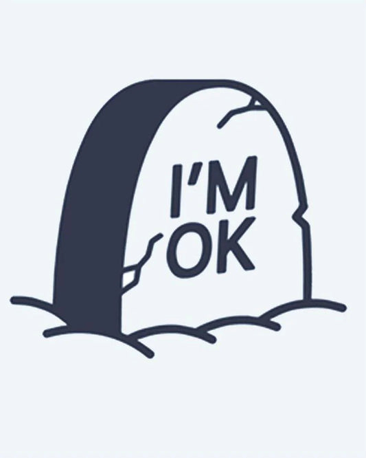 Tatuaje semi-permanente Lápida I'm OK diseño de INKON – ilustración de humorístico, agrietado, tumba, inscripción, oscuramente, 2 x 2 in (5x5cm), disponible en inkon.co