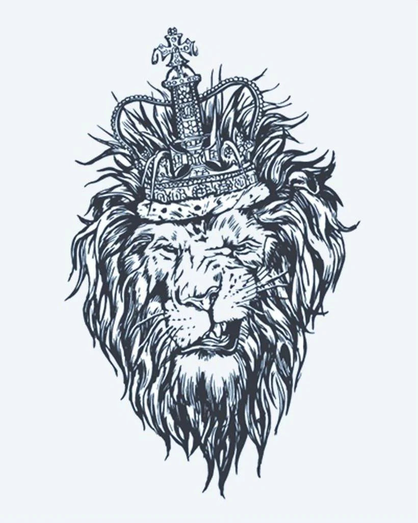 Tatuaje semi-permanente Corona del Rey León diseño de INKON – ilustración de majestuoso, león, cabeza, usando, real, 4 x 7 in (10x17cm), disponible en inkon.co