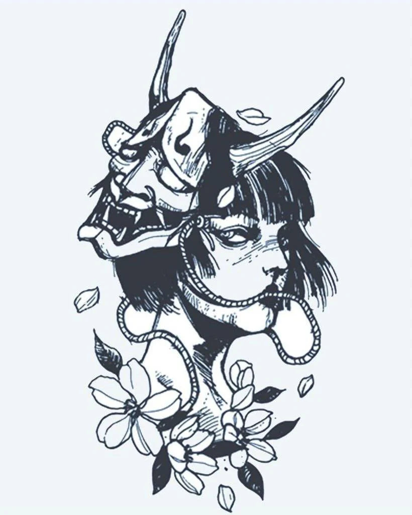 Tatuaje semi-permanente Máscara Hannya y Geisha diseño de INKON – ilustración de japonés, hannya, demonio, máscara, geisha, 4 x 7 in (10x17cm), disponible en inkon.co