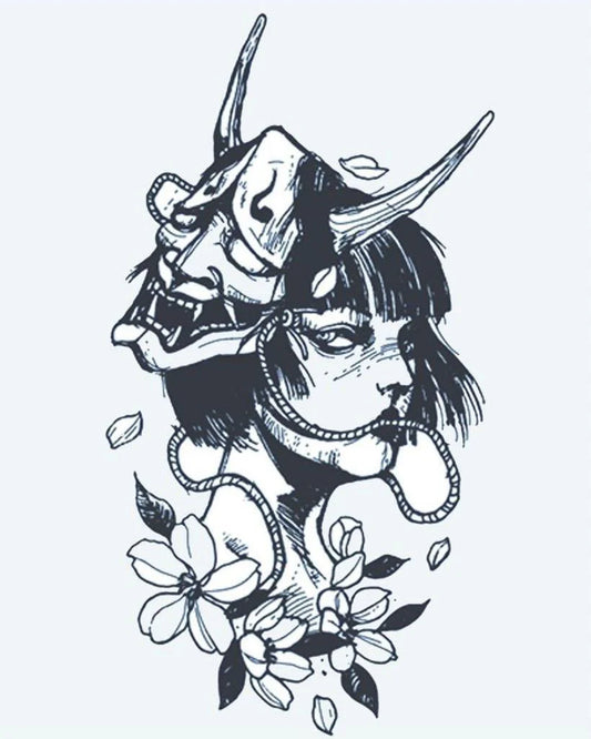 Tatuaje semi-permanente Máscara Hannya y Geisha diseño de INKON – ilustración de japonés, hannya, demonio, máscara, geisha, 4 x 7 in (10x17cm), disponible en inkon.co
