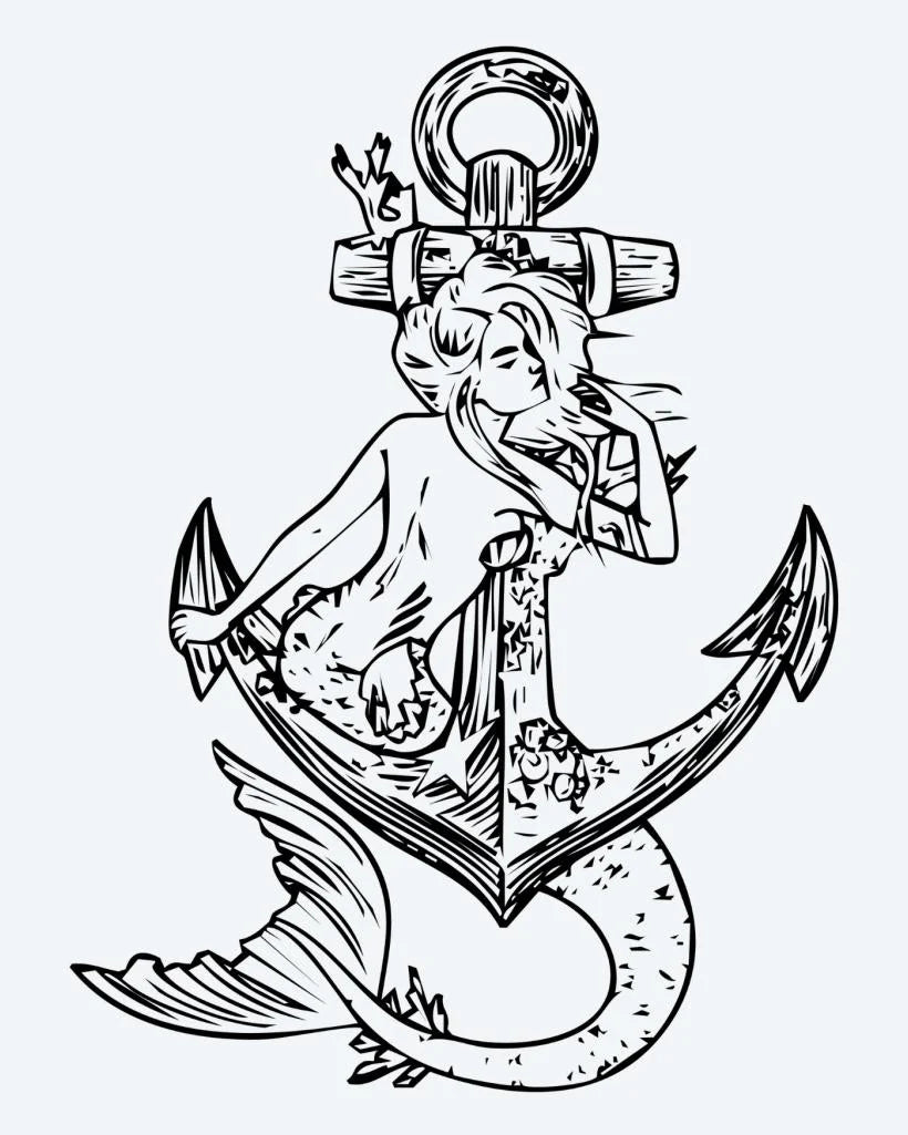 Tatuaje semi-permanente Sirena y Ancla diseño de INKON – ilustración de sirena, cubierto, sobre, náutico, ancla, 4 x 7 in (10x17cm), disponible en inkon.co