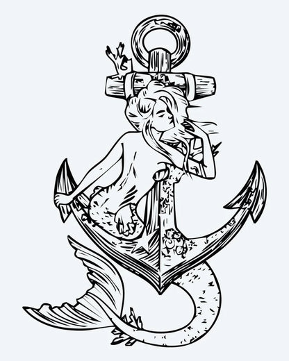 Tatuaje semi-permanente Sirena y Ancla diseño de INKON – ilustración de sirena, cubierto, sobre, náutico, ancla, 4 x 7 in (10x17cm), disponible en inkon.co