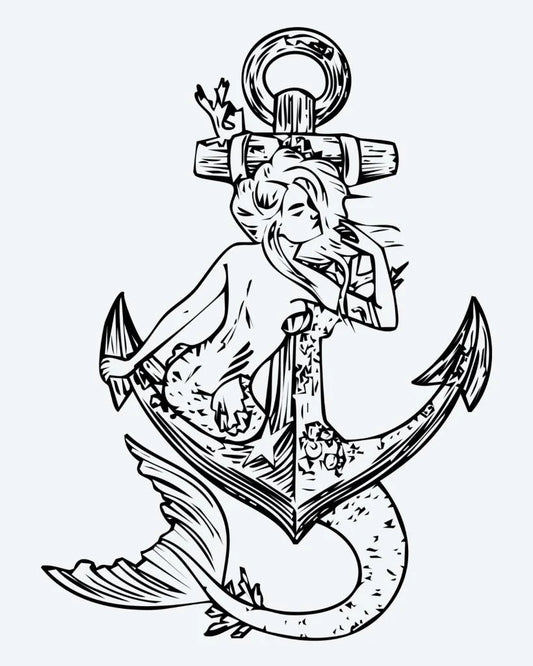 Tatuaje semi-permanente Sirena y Ancla diseño de INKON – ilustración de sirena, cubierto, sobre, náutico, ancla, 4 x 7 in (10x17cm), disponible en inkon.co