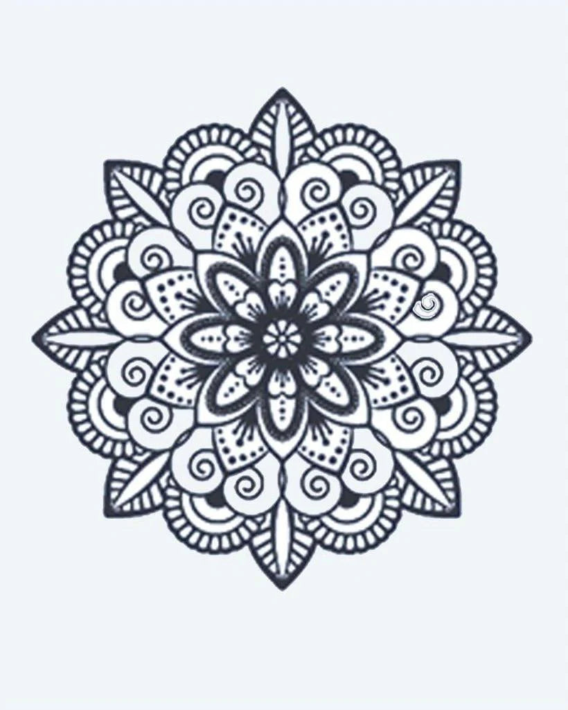 Tatuaje semi-permanente Flor Mandala diseño de INKON – ilustración de mandala, flor, en capas, pétalo, patrones, 2 x 2 in (5x5cm), disponible en inkon.co