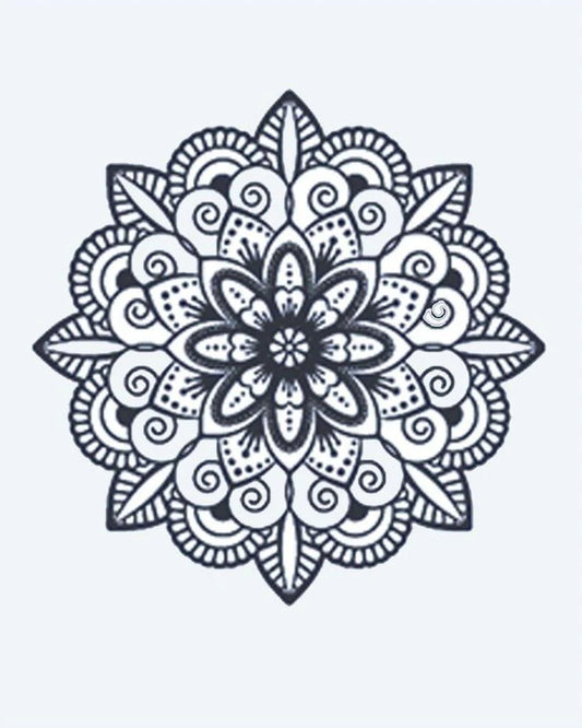 Tatuaje semi-permanente Flor Mandala diseño de INKON – ilustración de mandala, flor, en capas, pétalo, patrones, 2 x 2 in (5x5cm), disponible en inkon.co