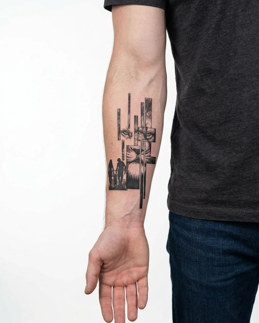 INKON León y Silueta Familiar tatuaje semi-permanente aplicado en un hombre – diseño de 4 x 7 in (10x17cm), apariencia de tinta realista, dura 10 días