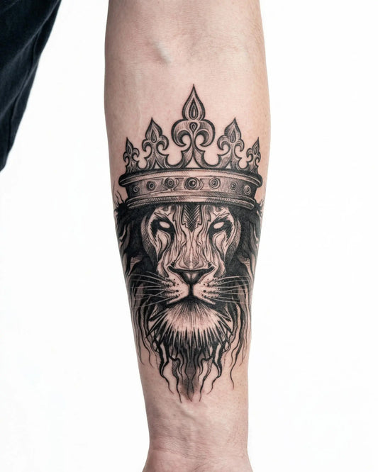 INKON León Coronado tatuaje semi-permanente aplicado en un hombre – diseño de 4 x 7 in (10x17cm), apariencia de tinta realista, dura 10 días