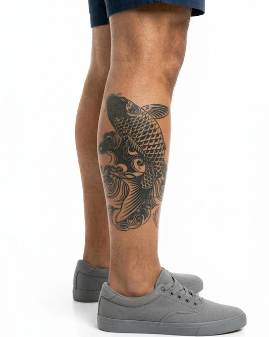 INKON Pez Koi tatuaje semi-permanente aplicado en un hombre – diseño de 4 x 7 in (10x17cm), apariencia de tinta realista, dura 10 días