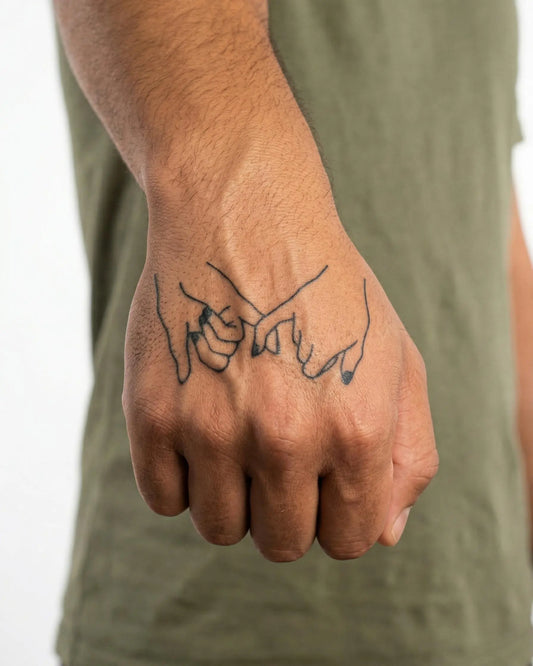 INKON Promesa de Meñique tatuaje semi-permanente aplicado en un hombre – diseño de 2 x 2 in (5x5cm), apariencia de tinta realista, dura 10 días