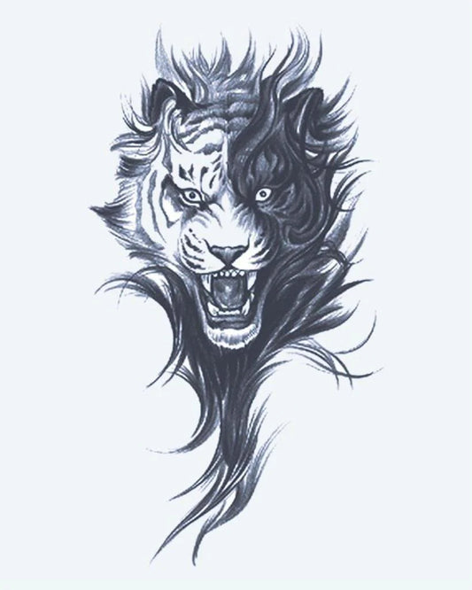 Tatuaje semi-permanente Tigre Rugiente diseño de INKON – ilustración de feroz, rugiendo, tigre, cabeza, dramático, 4 x 7 in (10x17cm), disponible en inkon.co