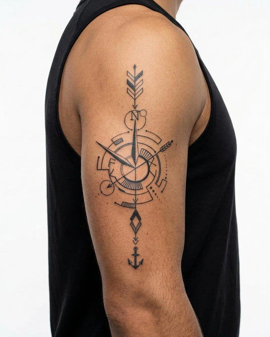 INKON Brújula Náutica y Flecha tatuaje semi-permanente aplicado en un hombre – diseño de 4 x 7 in (10x17cm), apariencia de tinta realista, dura 10 días