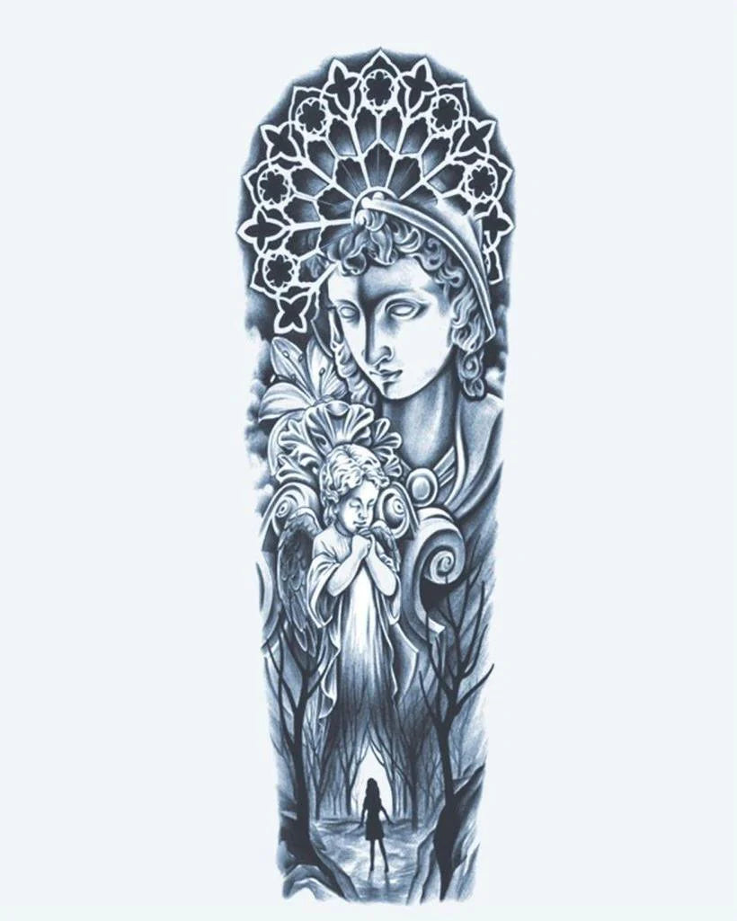 Tatuaje semi-permanente Ángel Guardián y Catedral diseño de INKON – ilustración de etéreo, completo, manga, clásico, estatua, 8 x 20 in (20x50cm), disponible en inkon.co
