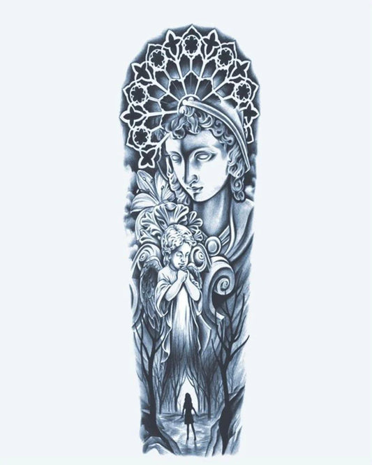 Tatuaje semi-permanente Ángel Guardián y Catedral diseño de INKON – ilustración de etéreo, completo, manga, clásico, estatua, 8 x 20 in (20x50cm), disponible en inkon.co