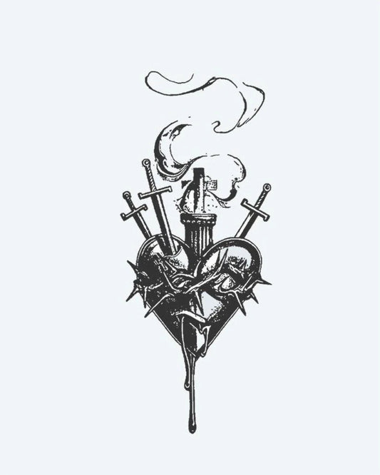 Tatuaje semi-permanente Sagrado Corazón y Dagas diseño de INKON – ilustración de oscuro, sagrado, corazón, atravesado, dagas, 3 x 4 in (6x11cm), disponible en inkon.co